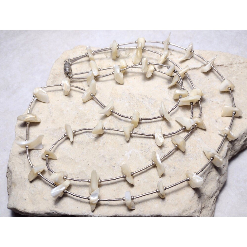 Vintage Native Southwestern Liquid Sterling Silver MOP 2 Strand Necklace 22"